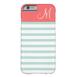 Mint and Coral Preppy Stripes Custom Monogram iPhone 6 Case