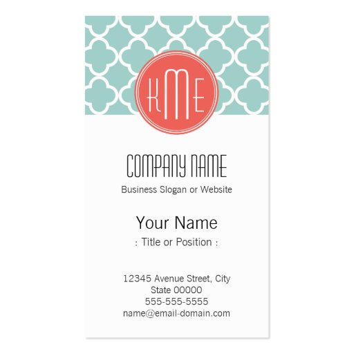 Mint and Coral Quatrefoil with Custom Monogram Business Card Templates (front side)