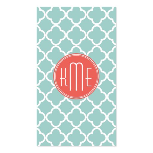 Mint and Coral Quatrefoil with Custom Monogram Business Card Templates (back side)