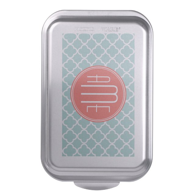 Mint and Coral Quatrefoil with Custom Monogram Cake Pan 3/5