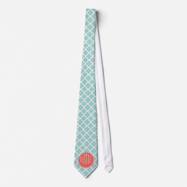 Mint and Coral Quatrefoil with Custom Monogram Tie