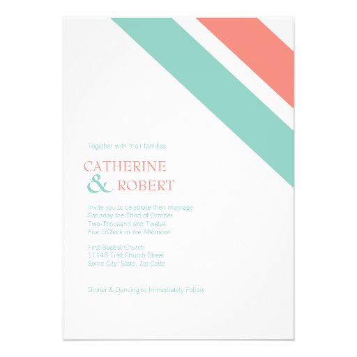 Mint and Coral Striped Wedding Invitation (front side)