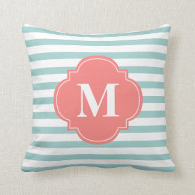 Mint and Coral Stripes Monogram Throw Pillows