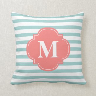 Mint and Coral Stripes Monogram Throw Pillows