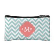 Mint and Coral Zigzags Monogrammed Cosmetics Bags