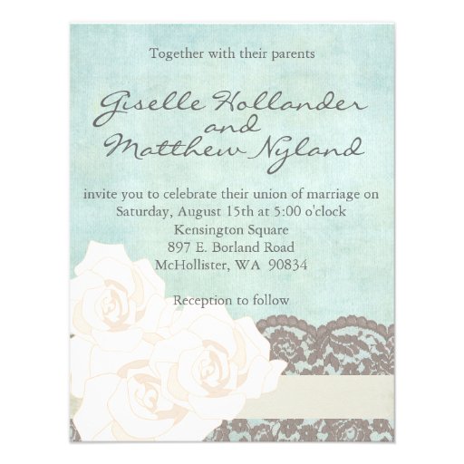 Mint and Cream Lace Rose Wedding Invitation