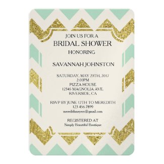 Mint and Gold Faux Glitter Chevron bridal shower 5x7 Paper Invitation Card