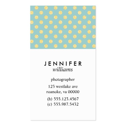 Mint and Gold Faux Glitter Dots Business Card Template (front side)