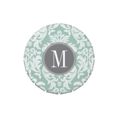 Mint and Gray Damask Pattern Custom Monogram Jelly Belly Candy Tin