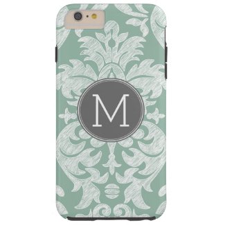 Mint and Gray Damask Pattern Custom Monogram Tough iPhone 6 Plus Case