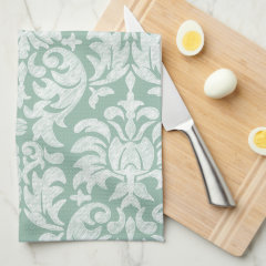 Mint and Gray Damask Pattern Custom Monogram Kitchen Towel