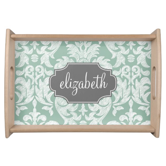 Mint and Gray Damask Pattern Custom Name Food Trays
