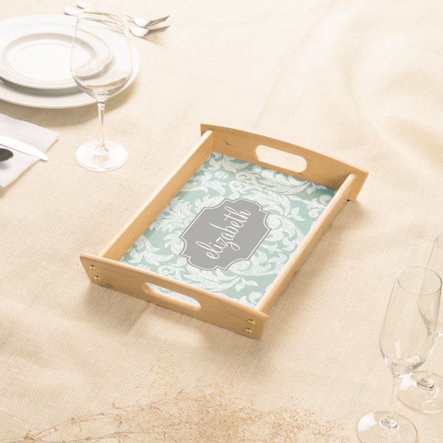 Mint and Gray Damask Pattern Custom Name Food Trays