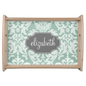 Mint and Gray Damask Pattern Custom Name Serving Trays