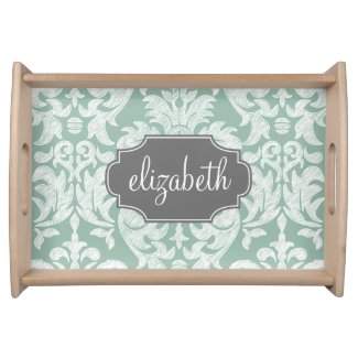 Mint and Gray Damask Pattern Custom Name Serving Trays