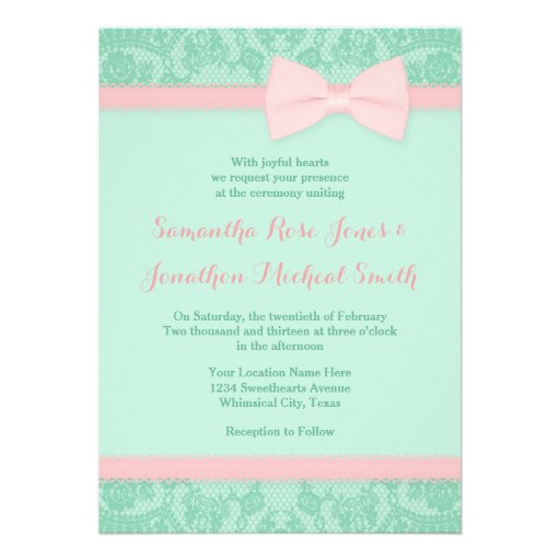 Mint and Pink Lace Wedding Invitation
