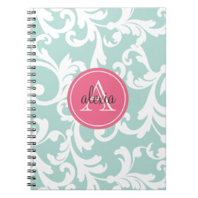 Mint and Pink Monogrammed Damask Print Note Books