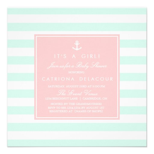 Mint and Pink Nautical Baby Shower Invitation (front side)