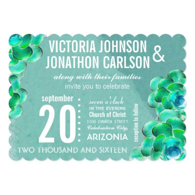Mint and Teal Succulent Modern Typography Wedding Card