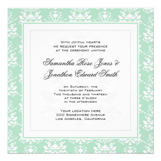 Mint and White Damask Photo Wedding Invitation (front side)