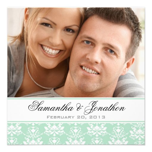 Mint and White Damask Photo Wedding Invitation