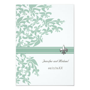 Mint and White Fleur de Lis Design Wedding Invite 5