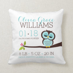 Mint Aqua Owl Baby Birth Announcement Pillow