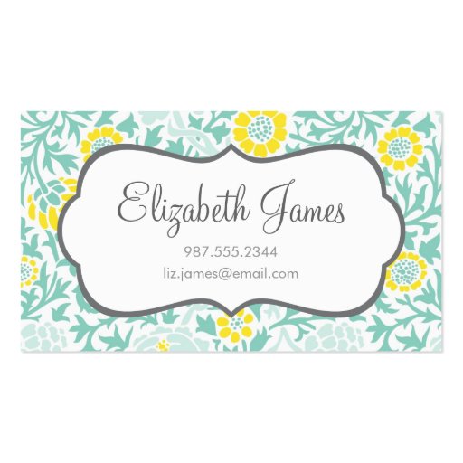 Mint Aqua & Yellow Retro Floral Damask Business Card (front side)
