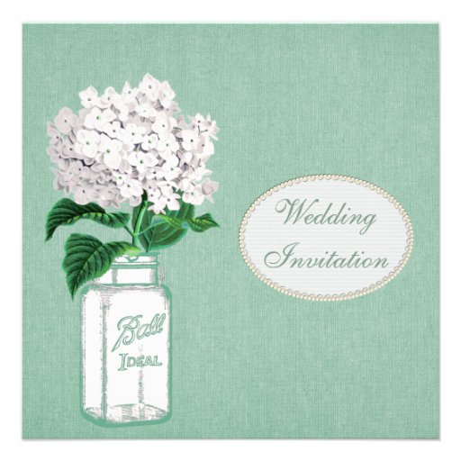 Mint Burlap, Mason Jar & Hydrangea Wedding Invites
