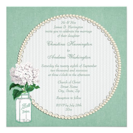 Mint Burlap, Mason Jar & Hydrangea Wedding Invites