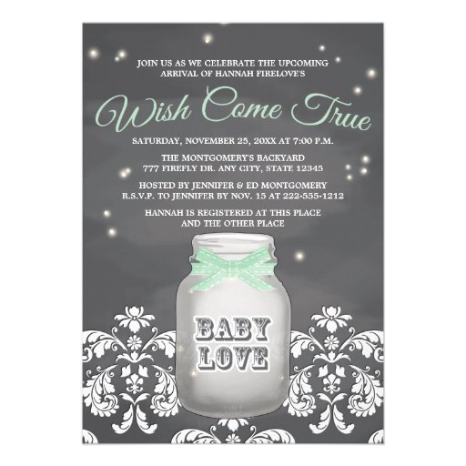 Mint Chalkboard Firefly Mason Jar Baby Shower Personalized Invitation