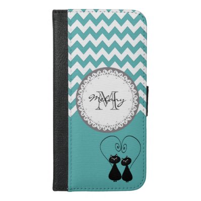 Mint chevron Cute trendy funny cat couple monogram iPhone 6/6S Plus Wallet Case