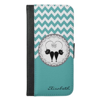 Mint chevron Cute trendy funny cat couple monogram iPhone 6/6S Plus Wallet Case