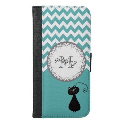 Mint chevron Cute trendy girly funny cat monogram iPhone 6/6S Plus Wallet Case