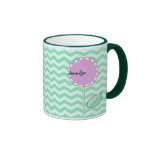 Mint chevron mug with flower & Name