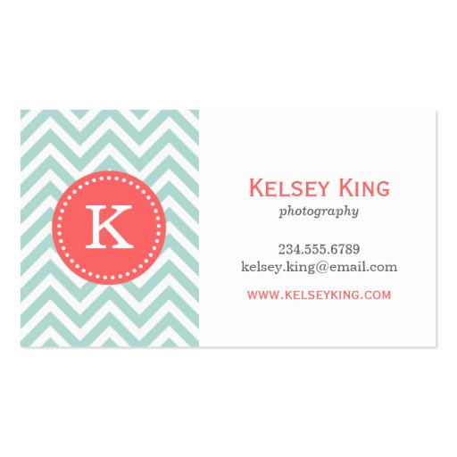 Mint & Coral Chevron Custom Monogram Business Card Templates (front side)