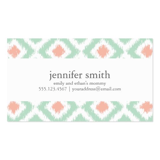 Mint Coral Diamonds Ikat Pattern Business Card Templates (front side)