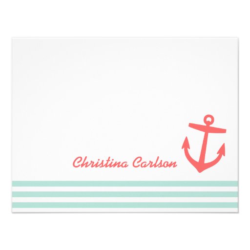 Mint & Coral Nautical Stripes & Anchor Stationery Personalized Invite