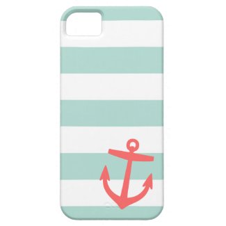 Mint & Coral Nautical Stripes and Cute Anchor iPhone 5 Cover
