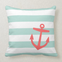 Mint & Coral Nautical Stripes and Cute Anchor Throw Pillow