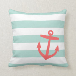 Mint & Coral Nautical Stripes and Cute Anchor Throw Pillow