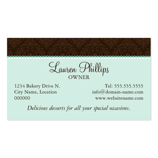 Mint Cupcake and Damask Bakery Business Cards (back side)