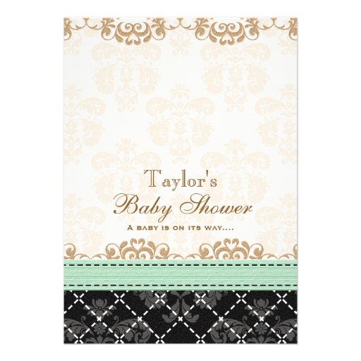 MINT DAMASK BABY CARRIAGE BABY SHOWER CUSTOM INVITES