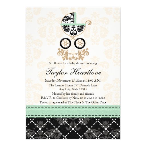 MINT DAMASK BABY CARRIAGE BABY SHOWER CUSTOM INVITES