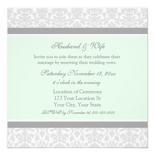Mint Damask Photo Wedding Vow Renewal Invitations