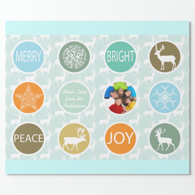 Mint Family Photo Reindeer Christmas Merry Bright Wrapping Paper