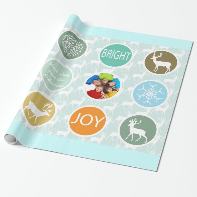 Mint Family Photo Reindeer Christmas Merry Bright Wrapping Paper