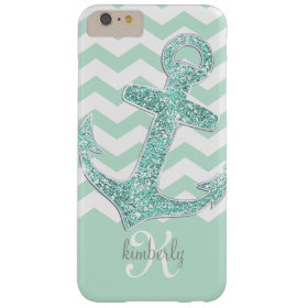 Mint Faux Glitter Anchor Chevron Personalized Barely There iPhone 6 Plus Case