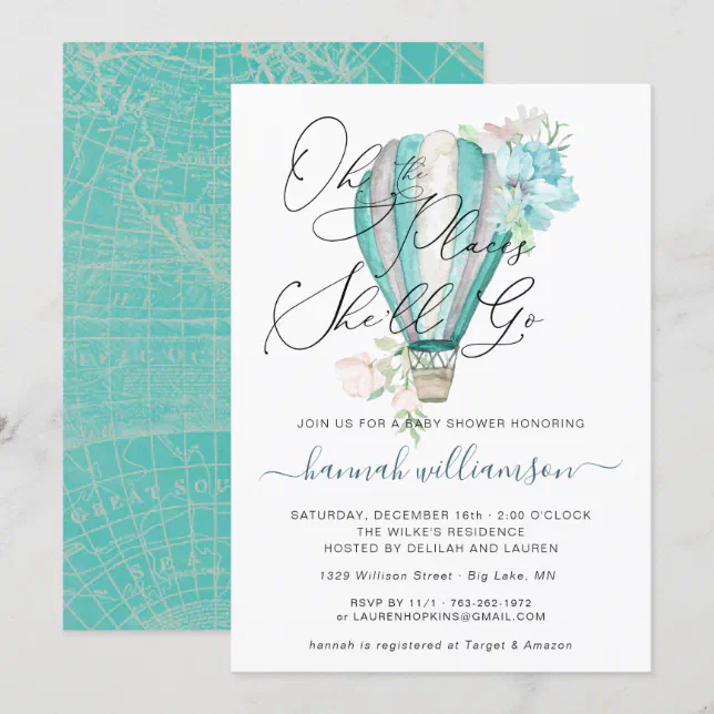 Mint Floral Hot Air Balloon Baby Shower Invitation Zazzle