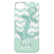 Mint Glitter Anchor White Chevron Personalized casemate cases